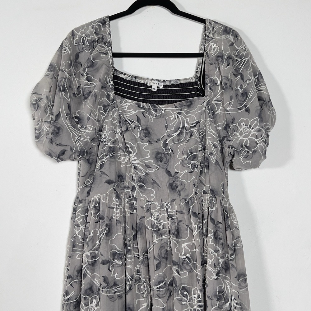 Baltic Born Embroidered Maxi Dress Sz 1XL Gray Puff Sleeve Square Neck Smocked - Picture 4 of 15